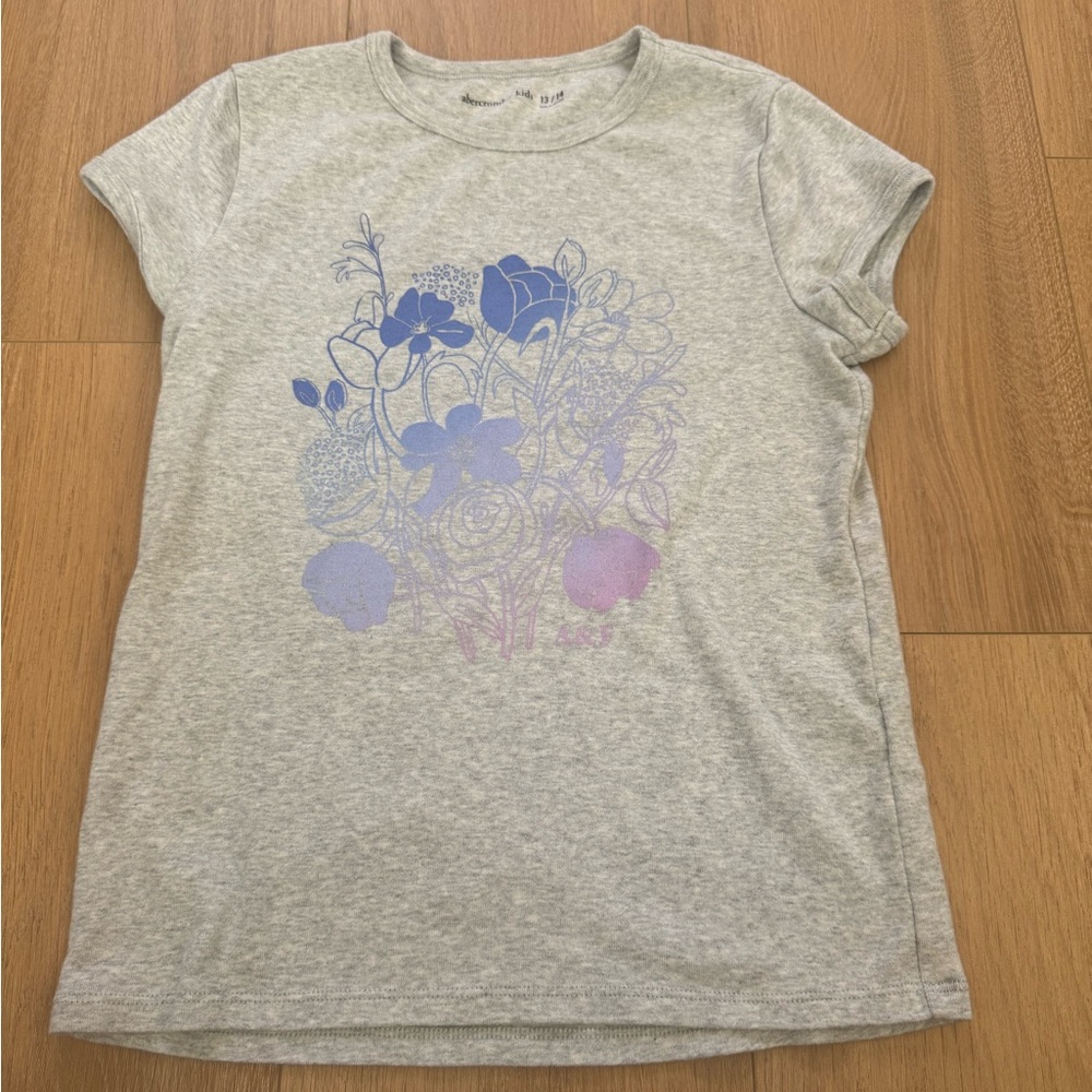 Abercrombie Kids Light Gray Graphic Tee with Blue and Purple Floral Print